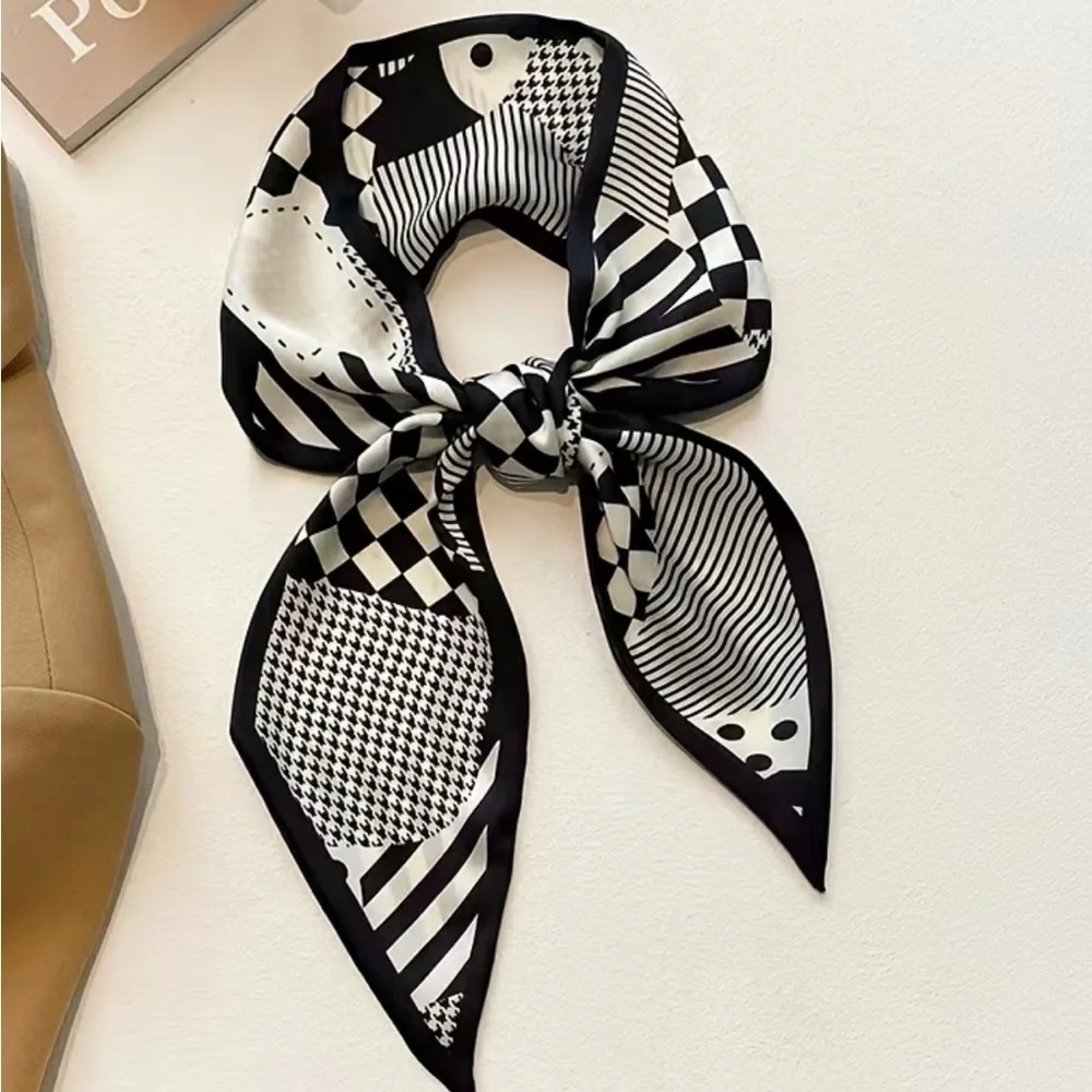 Set of 4 Black White French Style Twilly Scarves | Silk Feel Skinny Scarf | Bag